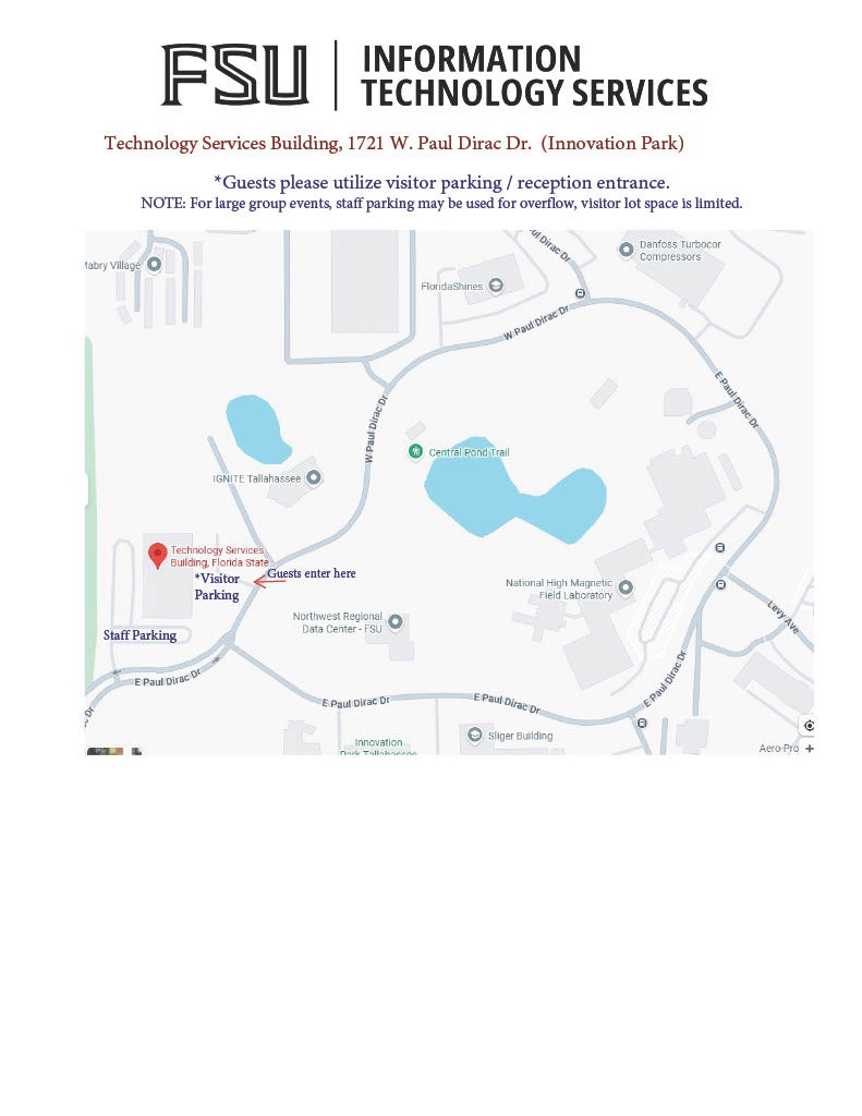 Map showing Innovation Park and where to park near Technology Services Building for the AWS Day event