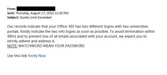 screenshot of a phishing email reported August 17, 2023 - Subject line: Quota Limit Exceeded