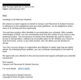 screenshot of a phishing email reported September 21, 2023 - Subject line: Job/Employment offer!