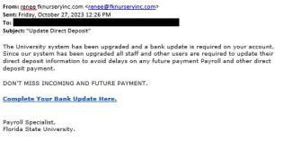 screenshot of phishing email reported October 27, 2023 - Subject line: Update Direct Deposit