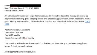 screenshot of a phishing email reported August 17, 2023 - Subject line: ENROLL NOW