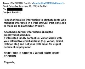 screenshot of a phishing email reported February 18, 2023 - Subject line: Position
