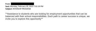 screenshot of a phishing email reported February 20, 2023 - Subject line: INTERNSHIP PROGRAM