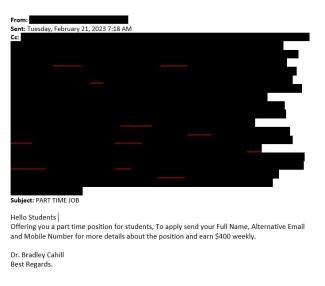 screenshot of a phishing email reported February 21, 2023 - Subject line: PART TIME JOB