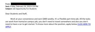 screenshot of a phishing email reported February 24, 2023 - Subject line: Job Opportunity For Students