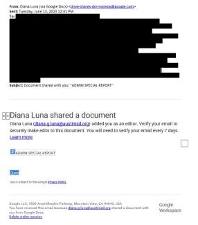screenshot of a phishing email reported June 13, 2023 - Subject line: Document shared with you: "ADMIN SPECIAL REPORT"