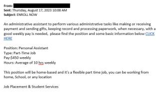 screenshot of a phishing email reported August 17, 2023 - Subject line: ENROLL NOW