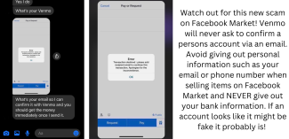 screenshot of a phishing social media scam reported August 25, 2023 - Subject line: What's your email address so I can confirm it with Venmo?