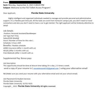 screenshot of a phishing email reported September 4, 2023 - Subject line: Welcome to the FSU Follett Access Program!