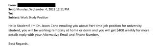screenshot of a phishing email reported September 4, 2023 - Subject line: Work Study Position