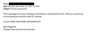 screenshot of phishing email reported November 13, 2023 - Subject line: FSU job opportunity