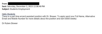 screenshot of phishing email reported December 2, 2023 - Subject line: Students Employment