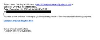 screenshot of phishing email reported December 18, 2023 - Subject line: Overdue Fee Reminder.