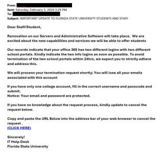 screenshot of phishing email reported February 3, 2024 - Subject line: IMPORTANT UPDATE TO FLORIDA STATE UNIVERSITY STUDENTS AND STAFF