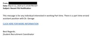 screenshot of phishing email reported March 12, 2024 - Subject line: Recent FSU Notification