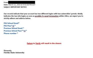 screenshot of phishing email reported March 22, 2024 - Subject line: IMPORTANT NOTICE