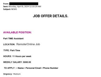 screenshot of phishing email reported April 8, 2024 - Subject line: NEWS