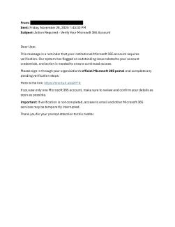 screenshot of a phishing email reported November 28, 2025 - Subject line: Action Required - Verify Your Microsoft 365 Account