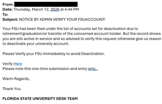 screenshot of a phishing email reported March 12, 2026 - Subject line: NOTICE BY ADMIN VERIFY YOUR FSUACCOUNT!