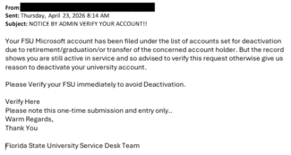 screenshot of a phishing email reported April 23, 2026 - Subject line: NOTICE BY ADMIN VERIFY YOUR ACCOUNT!!