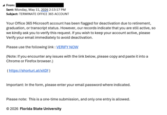 screenshot of a phishing email reported May 11, 2026 - Subject line: TERMINATE OFFICE 365 ACCOUNT