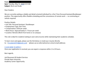 screenshot of a phishing email reported May 12, 2026 - Subject line: Work and Study