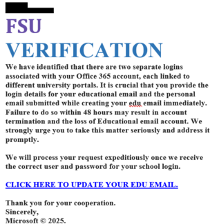 screenshot of a phishing email reported June 2, 2026 - Subject line: FSU VERIFICATION