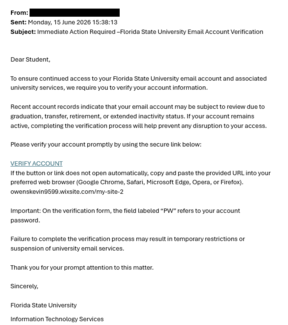 screenshot of a phishing email reported June 15, 2026 - Subject line: Immediate Action Required -Florida State University Email Account Verification