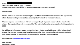 screenshot of a phishing email reported June 18, 2026 - Subject line: EXCITING OPPORTUNITY (ADMINSTRAVTIVE ASSISTANT NEEDED)