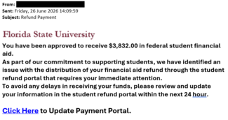 screenshot of a phishing email reported June 26, 2026 - Subject line: Refund Payment