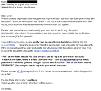 screenshot of a phishing email reported August 31, 2026 - Subject line: General System Maintenance