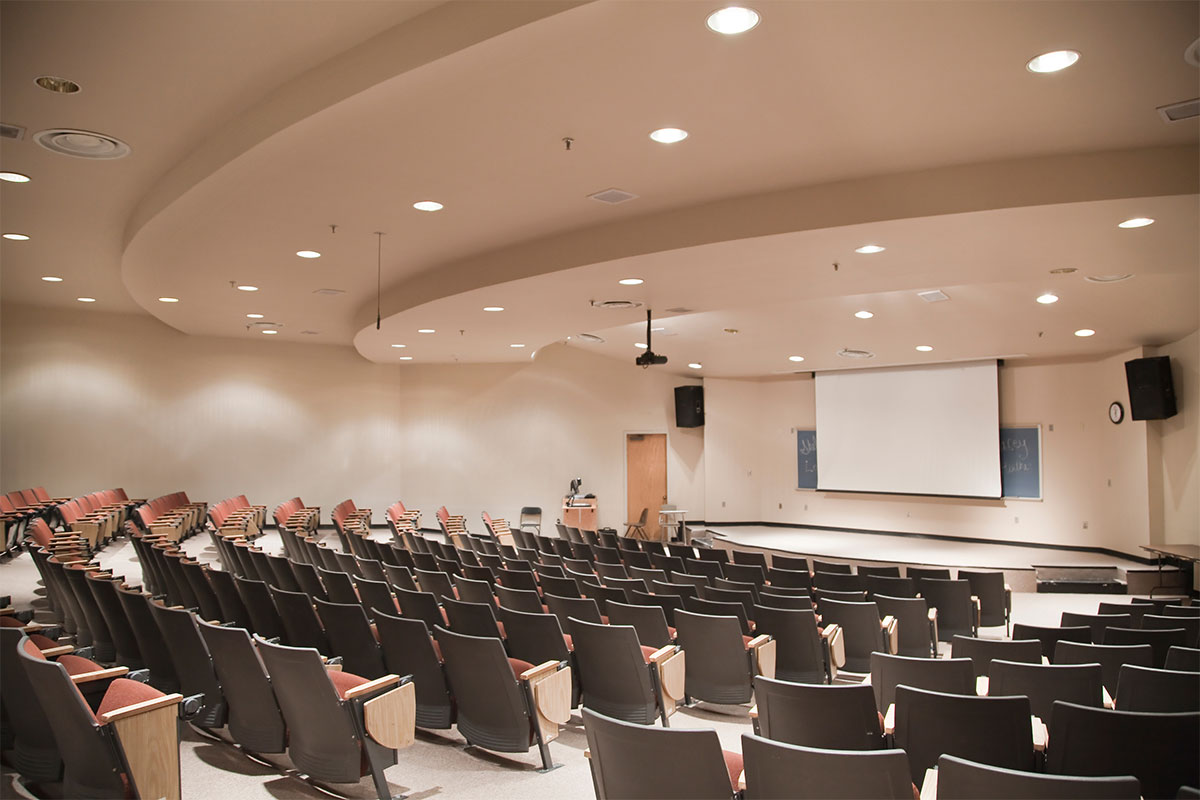 An empty lecture hall. 