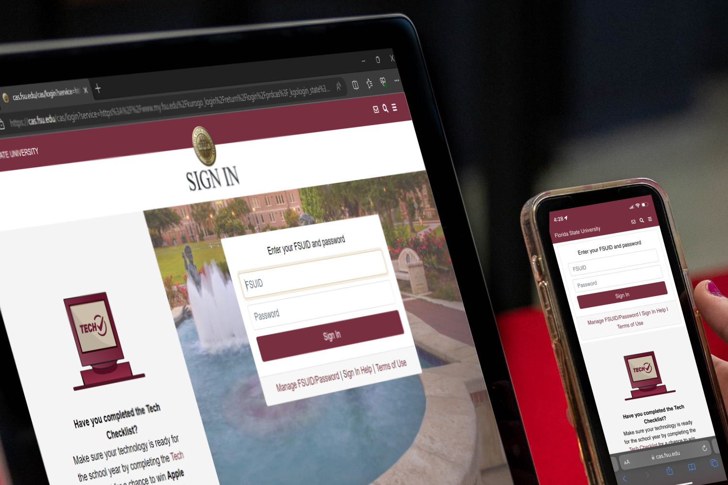 Laptop and mobile device with FSU login screen displayed