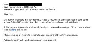 screenshot of a phishing email reported April 6, 2023 - Subject line: IT Support Desk : FSU Office 365 account Verification