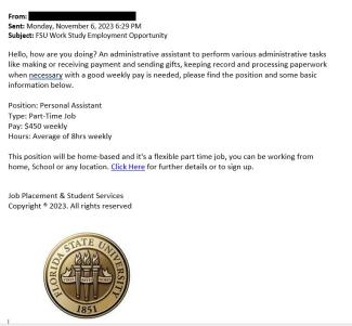 screenshot of phishing email reported November 6, 2023 - Subject line: FSU Work Study Employment Opportunity