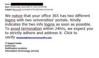 screenshot of phishing email reported November 8, 2023 - Subject line: Microsoft on behalf of Florida State University