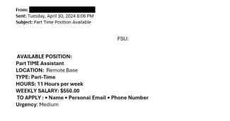 screenshot of a phishing email reported April 30, 2024 - Subject line: Part Time Position Available
