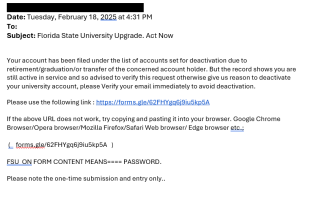 screenshot of a phishing email reported February 18, 2025 - Subject line: Florida State University Upgrade. Act Now