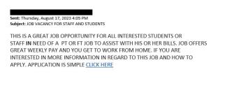 screenshot of a phishing email reported August 17, 2023 - Subject line: JOB VACANCY FOR STAFF AND STUDENTS