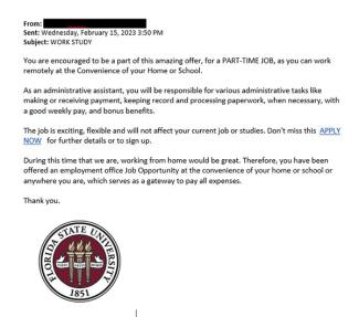 screenshot of a phishing email reported February 15, 2023 - Subject line: WORK STUDY