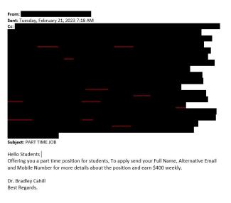 screenshot of a phishing email reported February 21, 2023 - Subject line: PART TIME JOB