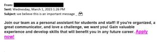 screenshot of a phishing email reported March 1, 2023 - Subject line: we believe this is an important message