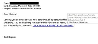 screenshot of a phishing email reported March 23, 2023 - Subject line: Administrative Assistant Position
