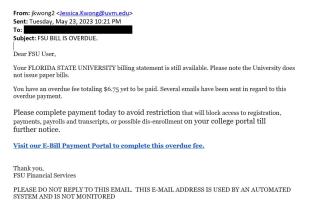 screenshot of a phishing email reported May 23, 2023 - Subject line: FSU BILL IS OVERDUE.