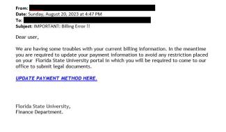 screenshot of a phishing email reported August 20, 2023 - Subject line: IMPORTANT: Billing Error !!