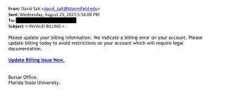 screenshot of a phishing email reported August 23, 2023 - Subject line: .