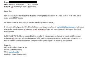 screenshot of a phishing email reported September 11, 2023 - Subject line: Fw: Academy Career Opportunity.
