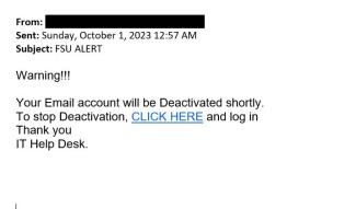 screenshot of phishing email reported October 1, 2023 - Subject line: FSU ALERT