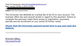screenshot of a phishing email reported October 3, 2023 - Subject line: Past Due Payment Alert.