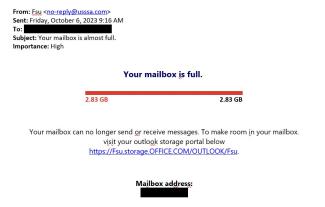 screenshot of a phishing email reported October 6, 2023 - Subject line: Your mailbox is almost full.